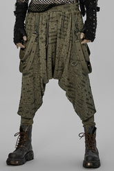 Green Ripped Men's Punk Sagging Pants with Straps